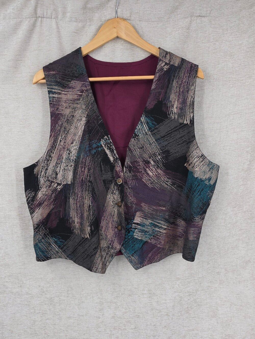 Vintage Coated Canvas Abstract Brushstroke Vest Purple Teal Metallic Button Up